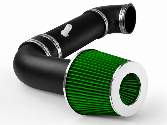 Black cold air intake pipe with a green conical air filter and chrome trim for 5.7L HEMI Ram trucks.