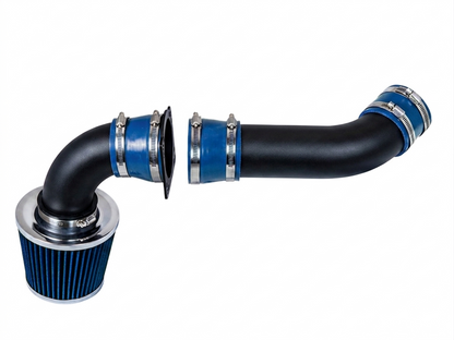 Rtunes Racing cold air intake kit with black pipes, blue silicone couplers, and a blue performance air filter.