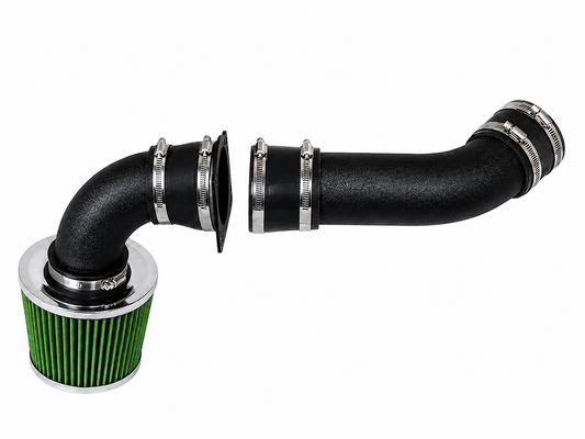 Rtunes Racing cold air intake kit with black textured piping, silver clamps, and a green cone air filter.