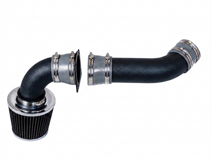 Rtunes Racing cold air intake kit with black textured pipes, chrome-trimmed air filter, and metal hose clamps.