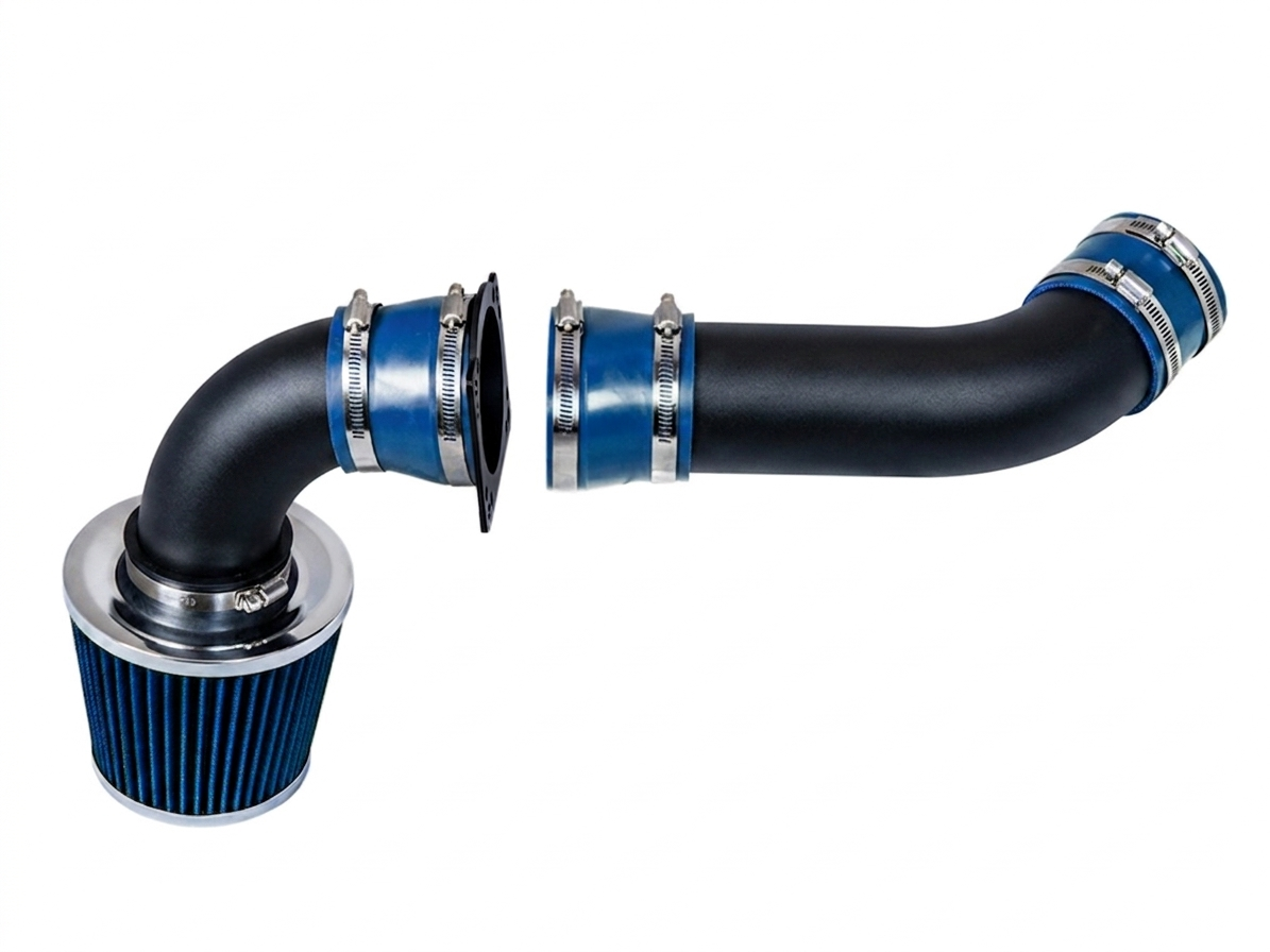 Black cold air intake kit with blue filter, silicone couplers, and metal clamps for 4.0L Ford and Mazda engines.