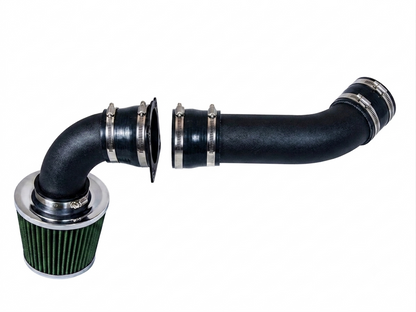 Black cold air intake kit with green conical air filter, metal piping, and silver hose clamps on white background.