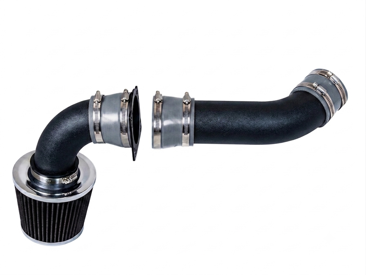 Black cold air intake kit with a conical air filter, textured intake tubes, grey silicone couplers, and metal hose clamps.