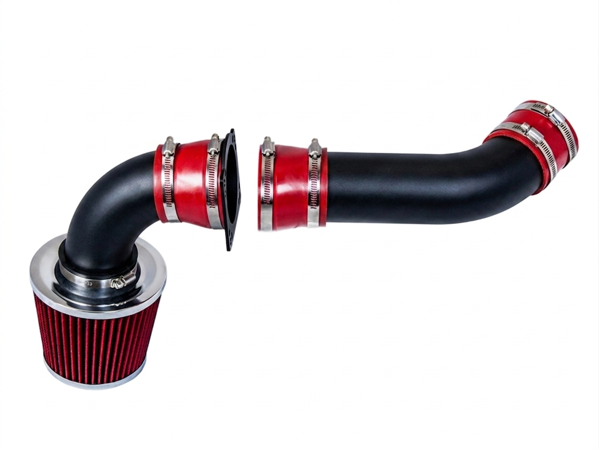 Rtunes Racing cold air intake kit with black pipes, red silicone couplers, and a red conical air filter.