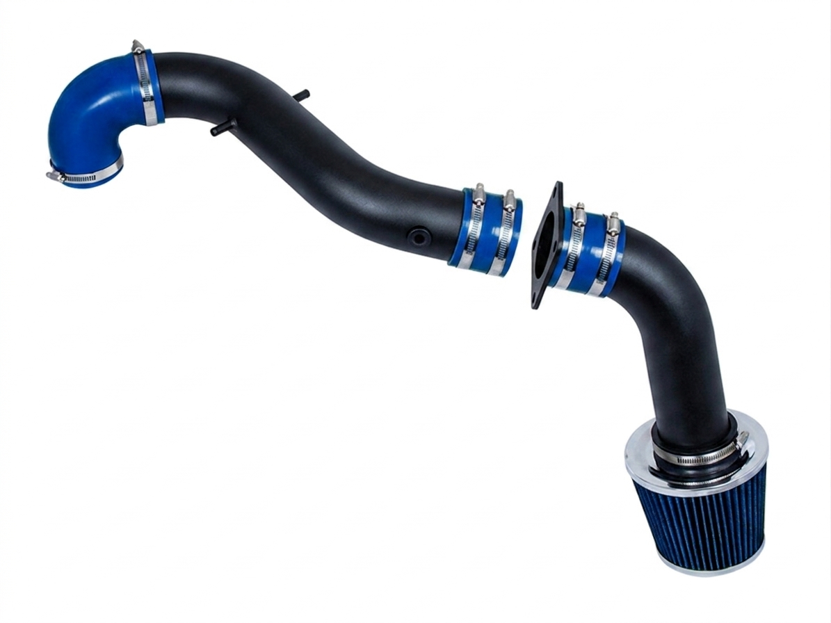 Rtunes Racing cold air intake kit with black pipes, blue silicone couplers, and a blue performance air filter.