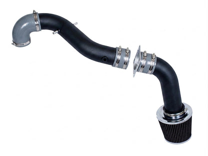 Rtunes Racing black cold air intake kit for 1998-2003 Ford Escort ZX2 with grey silicone couplers and air filter.