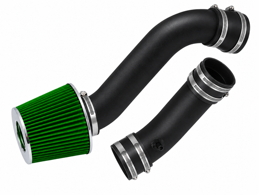 Rtunes Racing cold air intake kit with black pipes, metal clamps, and a green cone air filter for Ford Thunderbird.