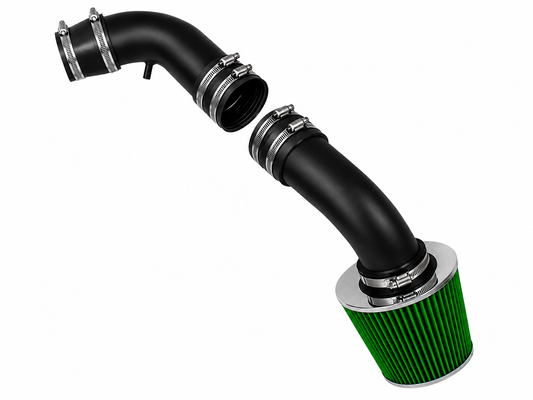 Black cold air intake kit with two-piece pipe, metal clamps, and a green cone air filter for Honda Passport and Rodeo.