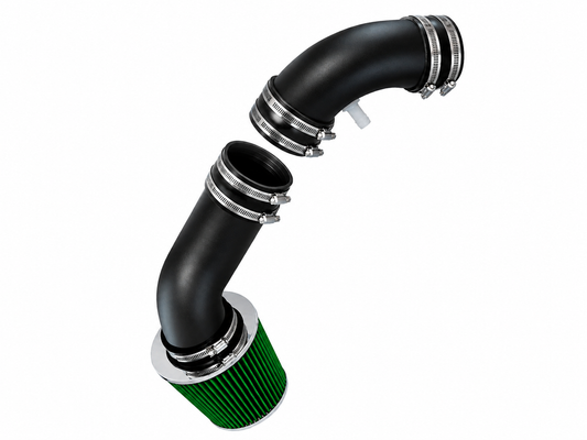 Black cold air intake kit with two-piece matte pipe, metal clamps, and a green conical performance air filter.