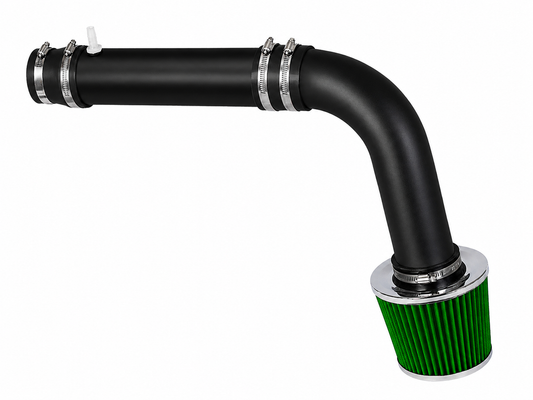 Black cold air intake pipe with a green conical air filter and chrome clamps for Hyundai and Kia 1.6L engines.