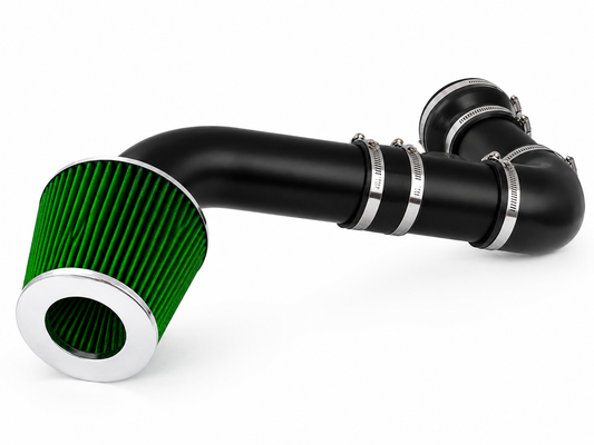 Rtunes Racing cold air intake with black pipe, chrome-trimmed green conical air filter, and metal hose clamps.