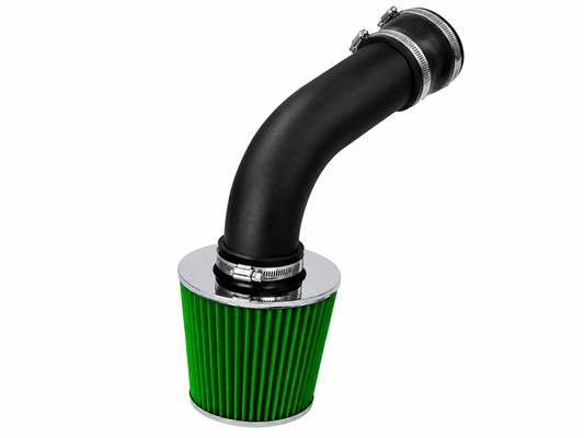 Rtunes Racing cold air intake with a green conical filter, black intake pipe, and chrome metal accents.
