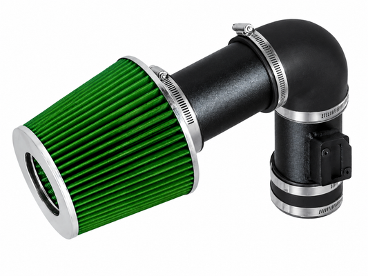 Rtunes Racing short ram air intake with green conical filter and black piping for 2007-2011 Acura RDX 2.3L Turbo.