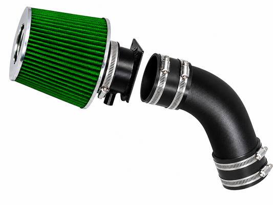 Rtunes Racing green cone air filter with black intake pipe and metal hose clamps for Audi and VW 2.8L V6 engines.