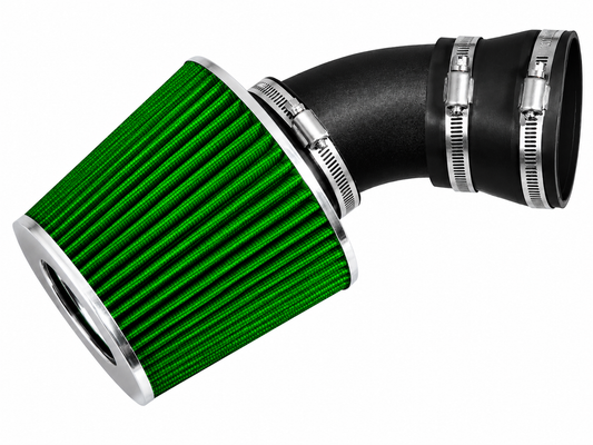 Rtunes Racing short ram air intake with a green conical filter, black rubber elbow, and silver metal hose clamps.