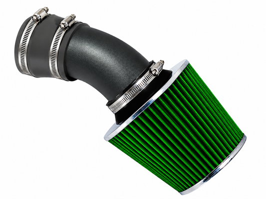 Rtunes Racing short ram air intake with a green cone filter and black pipe for 1998-2005 BMW E46 3-Series.