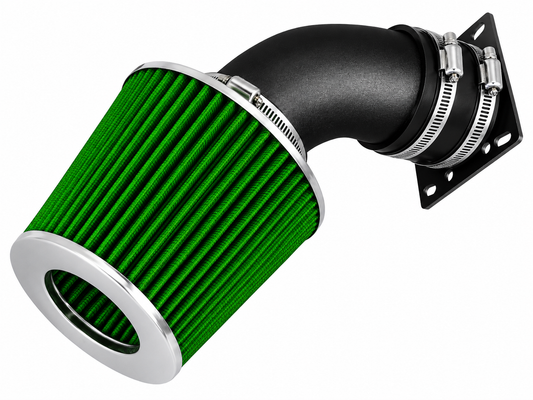 Rtunes Racing short ram air intake with a green cone filter, black elbow pipe, and steel mounting bracket for BMW.
