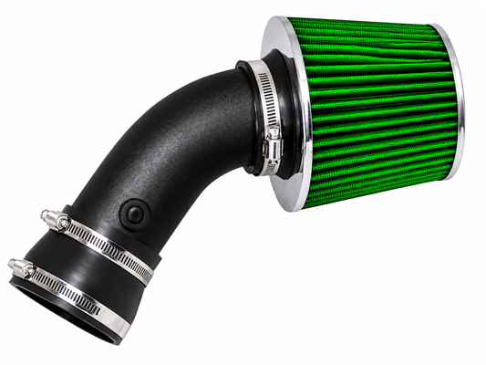 Rtunes Racing short ram air intake with a green cone filter and black curved pipe for BMW V8 engines.