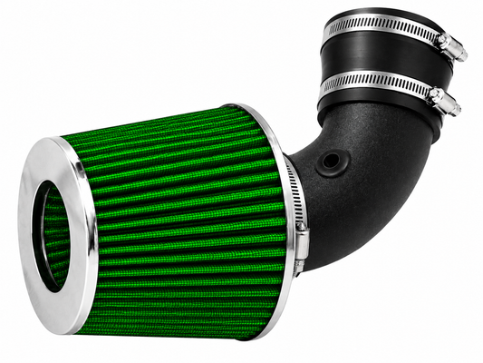 Rtunes Racing short ram air intake with a green cone filter and black intake pipe for BMW 1.9L engines.