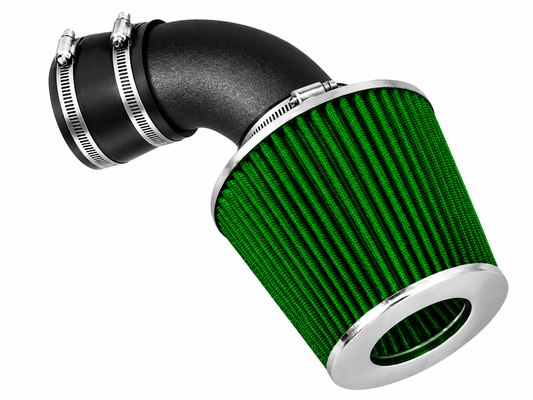 Rtunes Racing short ram air intake with a textured black pipe and a vibrant green conical air filter with metal trim.