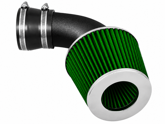Rtunes Racing short ram air intake with a green cone filter, black intake tube, and chrome clamps on white background.