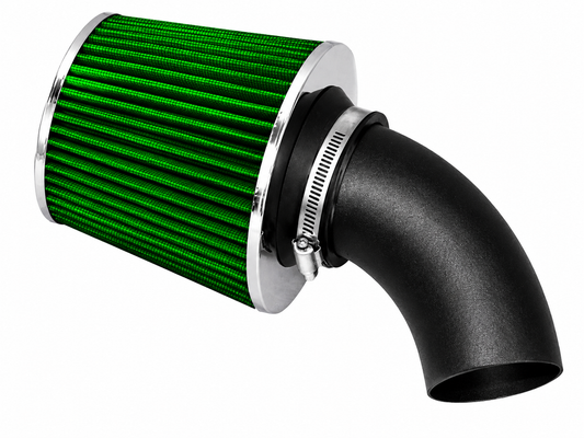 Green conical air filter with chrome trim attached to a curved black intake pipe for Cadillac Catera.