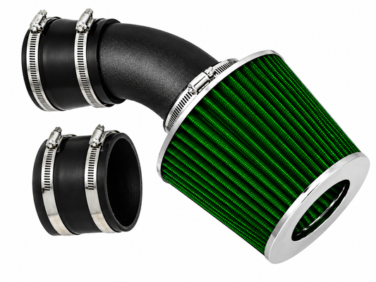 Rtunes Racing short ram air intake with a green cone filter, black intake pipe, and metal hose clamps.