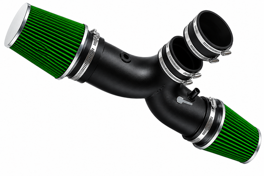 Matte black short ram air intake with two green conical filters and metal clamps for Impala, Fleetwood, and Roadmaster.