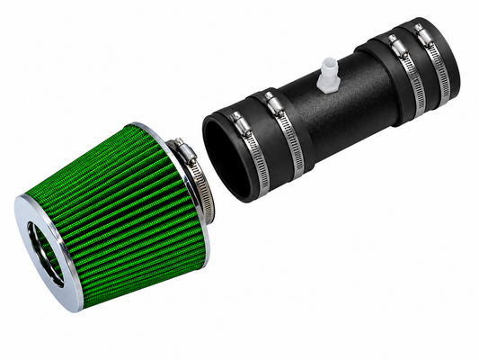 Rtunes Racing short ram air intake with a green cone filter and black pipe for 3.6L GM vehicles.