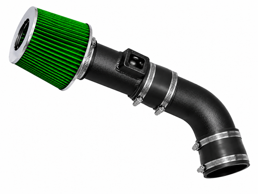 Rtunes Racing short ram air intake with a green cone filter and black powder-coated aluminum pipe for Chevy and Hummer.