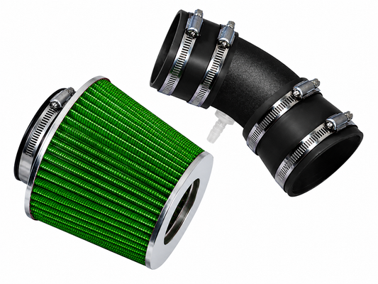 Green conical air filter and black rubber intake elbow with metal hose clamps for Chevy Equinox 3.4L V6.