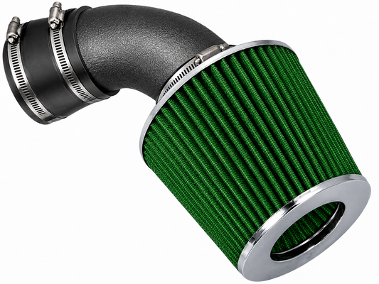 Rtunes Racing short ram air intake with a textured black pipe and a green conical performance air filter.
