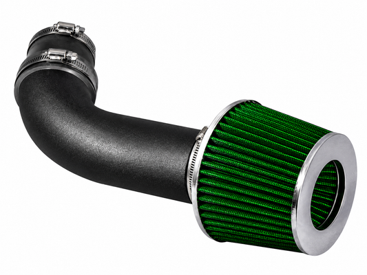 Black short ram air intake pipe with a green conical air filter for 1989-1994 Chevrolet and Geo Tracker 1.6L engines.