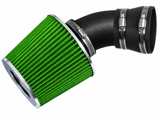 Rtunes Racing short ram air intake with a green conical filter and black intake pipe with metal hose clamps.