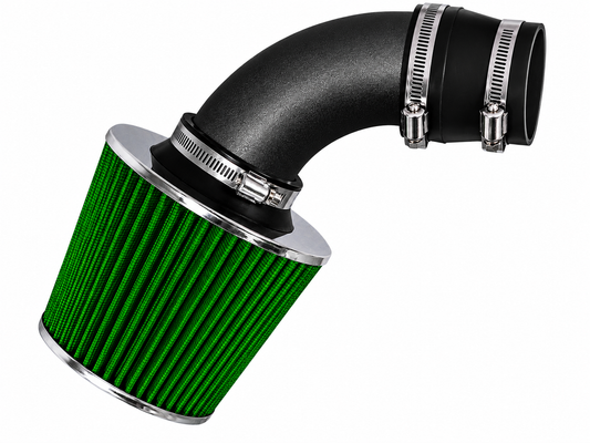 Rtunes Racing short ram air intake with green conical filter and black textured pipe for Chevy Aveo.