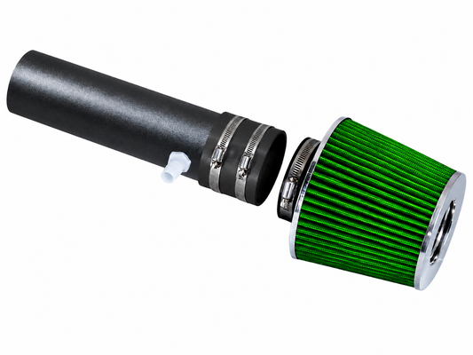 Black short ram air intake pipe with a green conical air filter and metal hose clamps on a white background.
