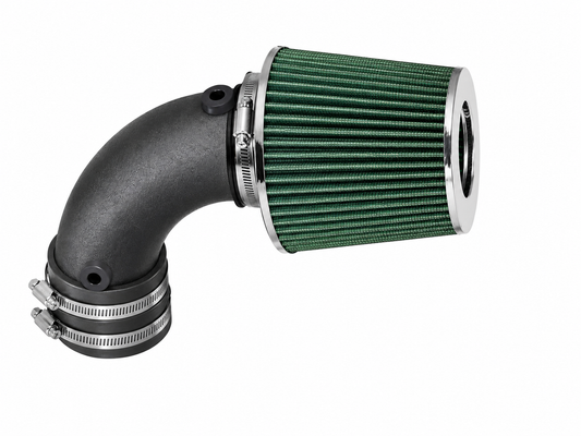 Rtunes Racing short ram air intake with a textured black pipe and a pleated green conical air filter.