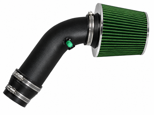Black short ram air intake pipe with a green conical air filter and metal hose clamps for Suzuki and Chevrolet engines.