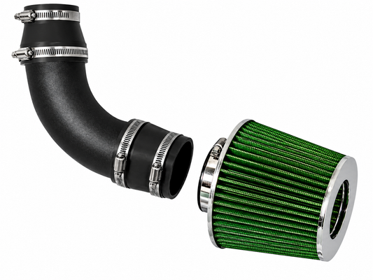 Black short ram air intake pipe with a green conical performance air filter and metal hose clamps.
