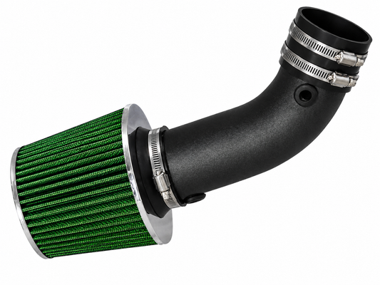 Black short ram air intake pipe with a green conical air filter and silver metal clamps on a white background.
