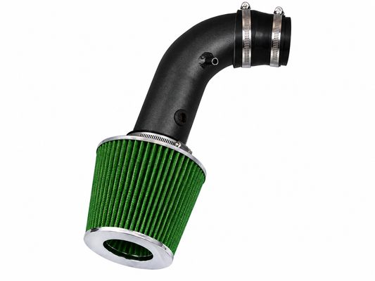 Black short ram air intake pipe with a green conical air filter and chrome accents for Chevy Aveo and Daewoo Lanos.