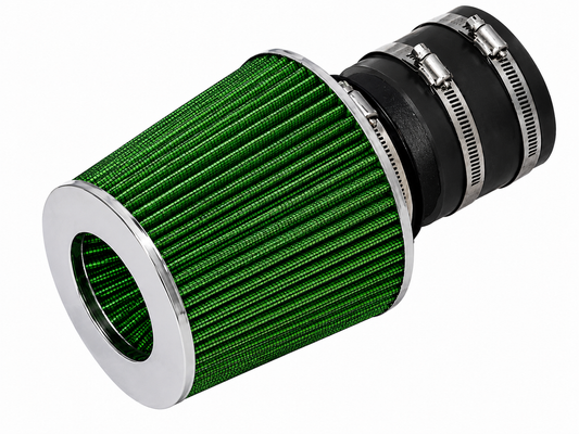 Green conical air filter with chrome trim and black rubber coupler with metal hose clamps for Chevy 3.1L V6 engines.
