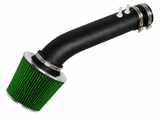 Black short ram air intake pipe with a green conical air filter and metal hose clamps for 1995-1997 Cavalier and Sunfire.