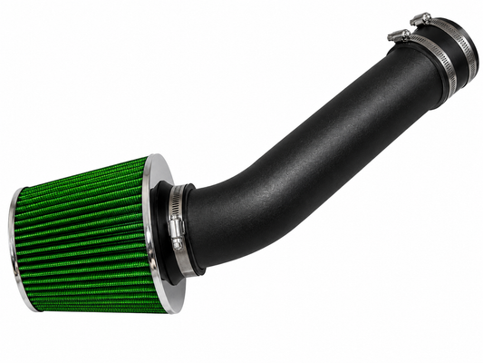 Rtunes Racing short ram air intake with a green cone filter and black powder-coated aluminum pipe.