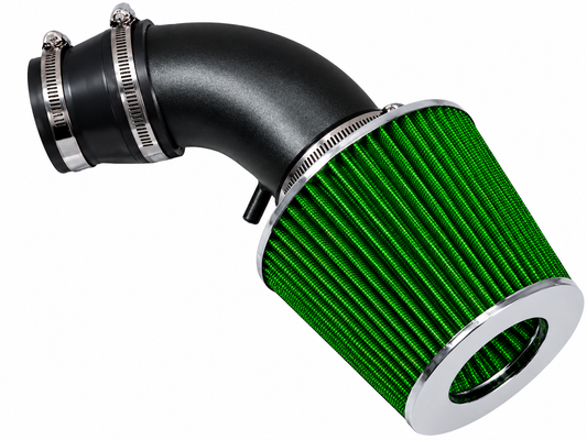Black short ram air intake pipe with a vibrant green conical air filter and polished metal clamps.