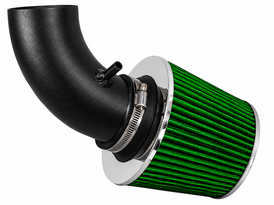 Black short ram air intake pipe with a green conical air filter for Chrysler PT Cruiser 2.4L Turbo.