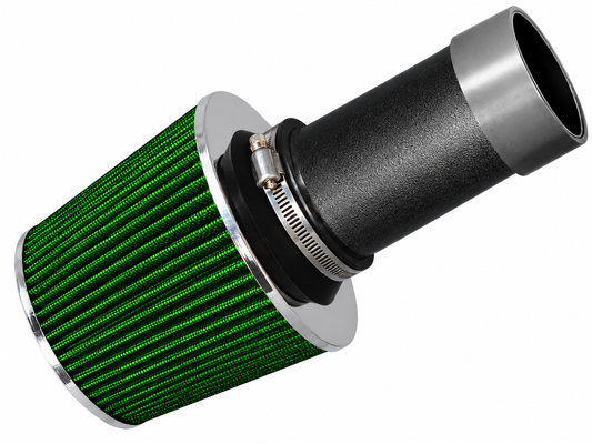 Green conical air filter with a black textured intake pipe and chrome trim for Rtunes Racing performance kits.