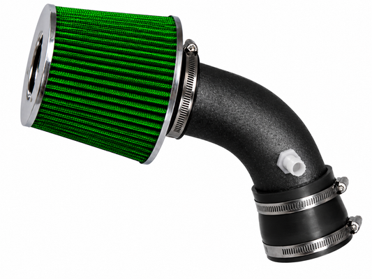 Green cone air filter with chrome trim attached to a black textured short ram intake pipe and rubber coupler.