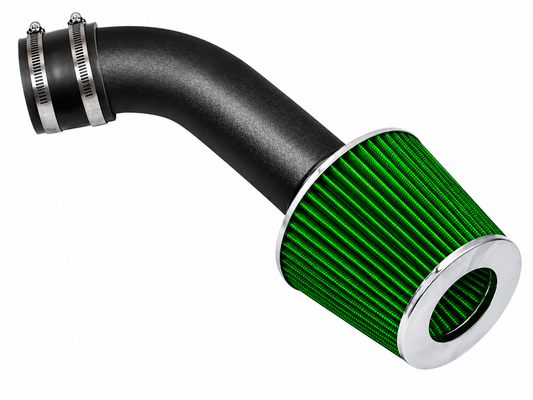 Black short ram air intake pipe with a green conical filter and chrome trim for Dodge Durango and Dakota.