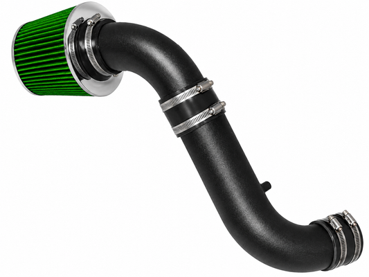 Black short ram air intake pipe with a green conical air filter and silver metal clamps for Dodge Durango and Dakota.